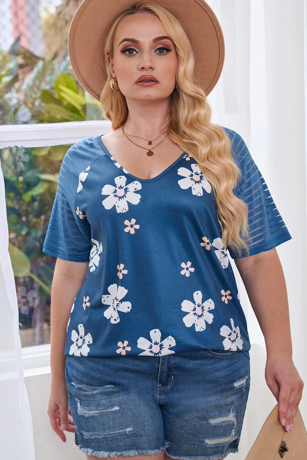 Blue floral print plus size V-neck raglan sleeve tee