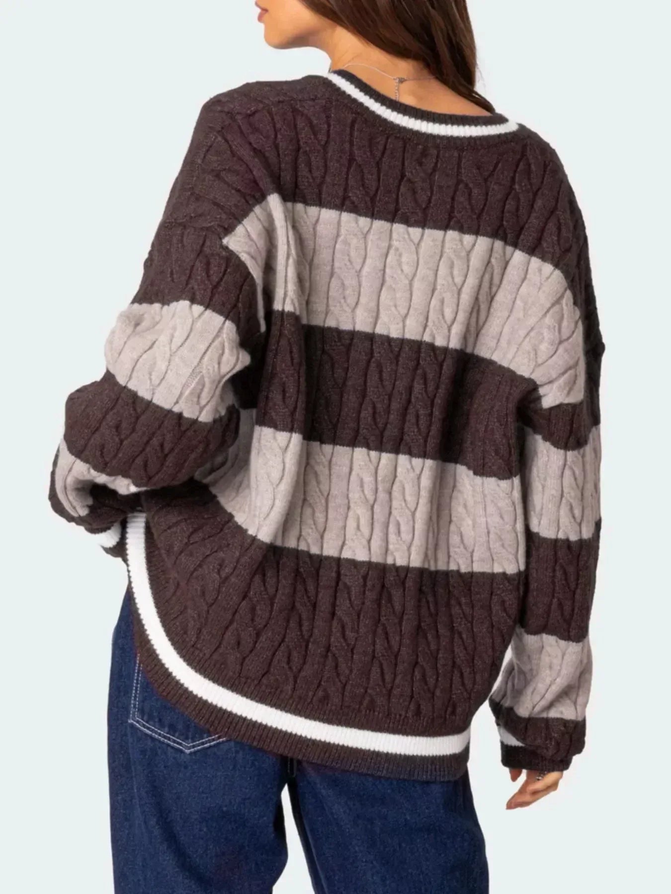 Striped Cable Knit V-Neck Sweater - DAVERRI FASHIONS