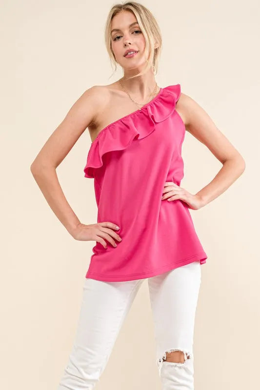 MAGENTA And The Why Ruffle One Shoulder Sleeveless Tank Top | Tops Daverri Fashions