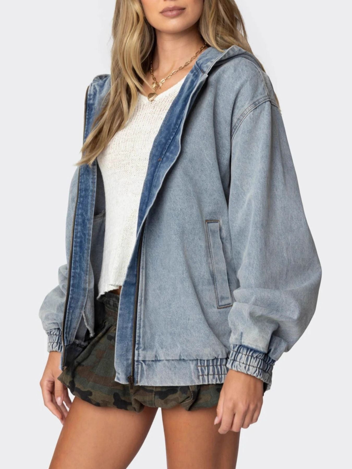 Hooded oversized zip up light-wash denim jacket relaxed fit elastic cuffs