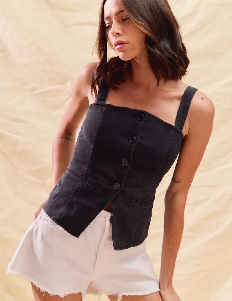 SO ME Button Down Sleeveless Game Day Fitted Denim Top | Daverri Fashions