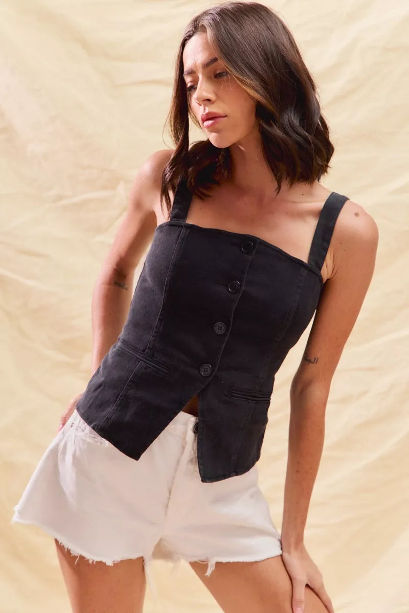 SO ME Button Down Sleeveless Game Day Fitted Denim Top | Daverri Fashions