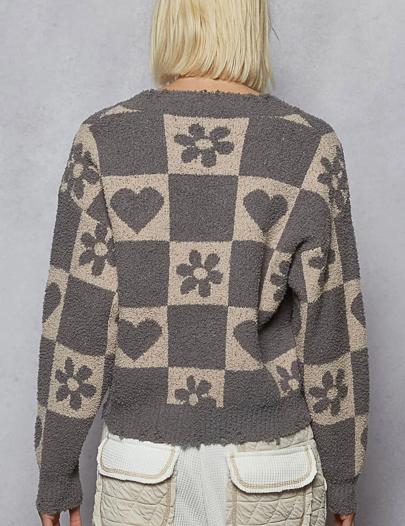 POL V-Neck Heart Pattern Checkered Sweater | Daverri Fashions