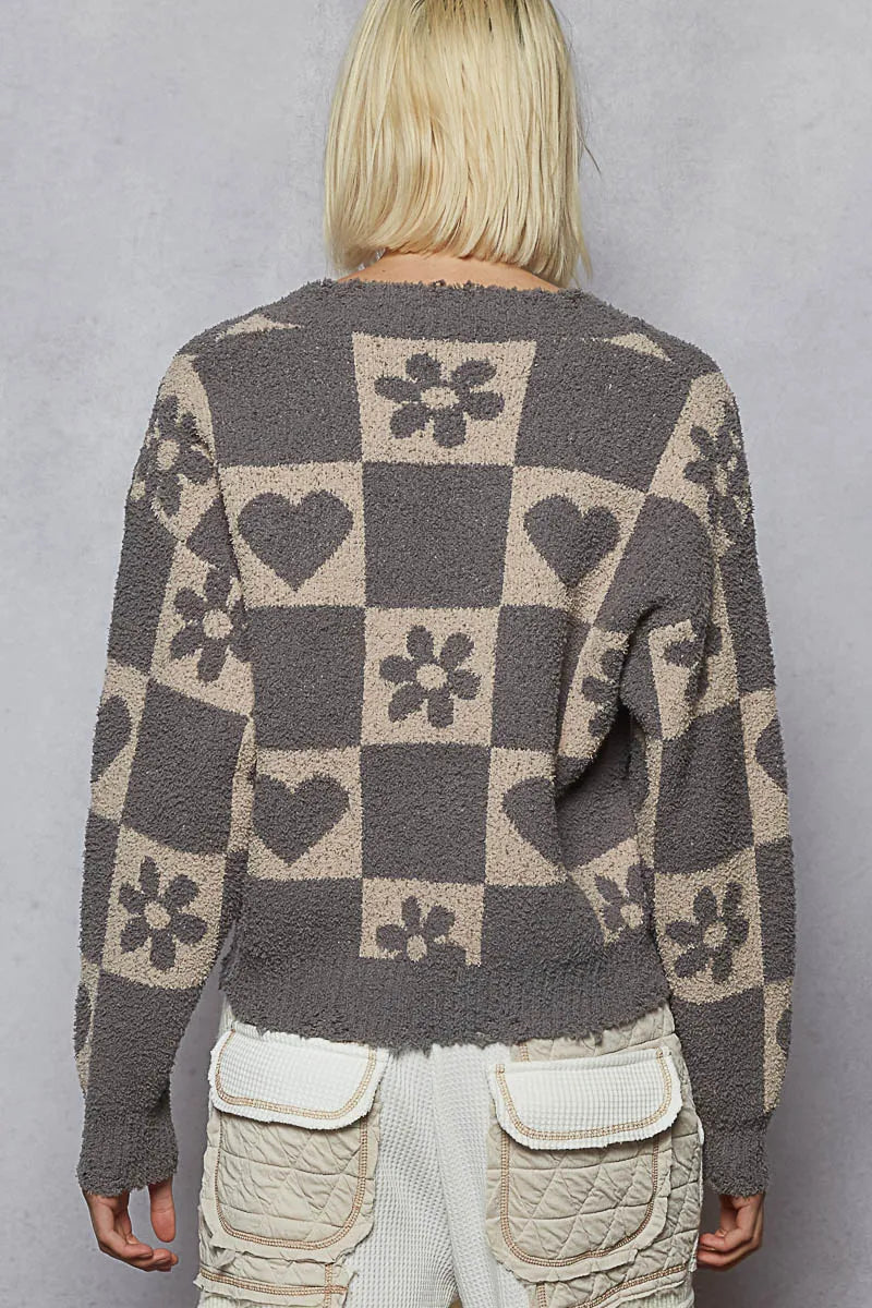 POL V-Neck Heart Pattern Checkered Sweater | Daverri Fashions