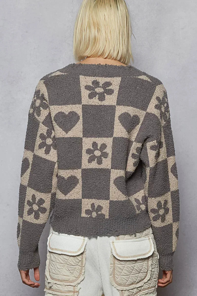 POL V-Neck Heart Pattern Checkered Sweater - DAVERRI FASHIONS