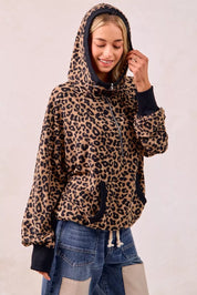 BiBi Leopard Print Waffle Half Zip Up Hoodie W Pocket | Hoodies Daverri Fashions