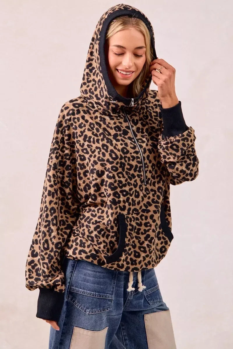 BiBi Leopard Print Waffle Half Zip Up Hoodie W Pocket - DAVERRI FASHIONS
