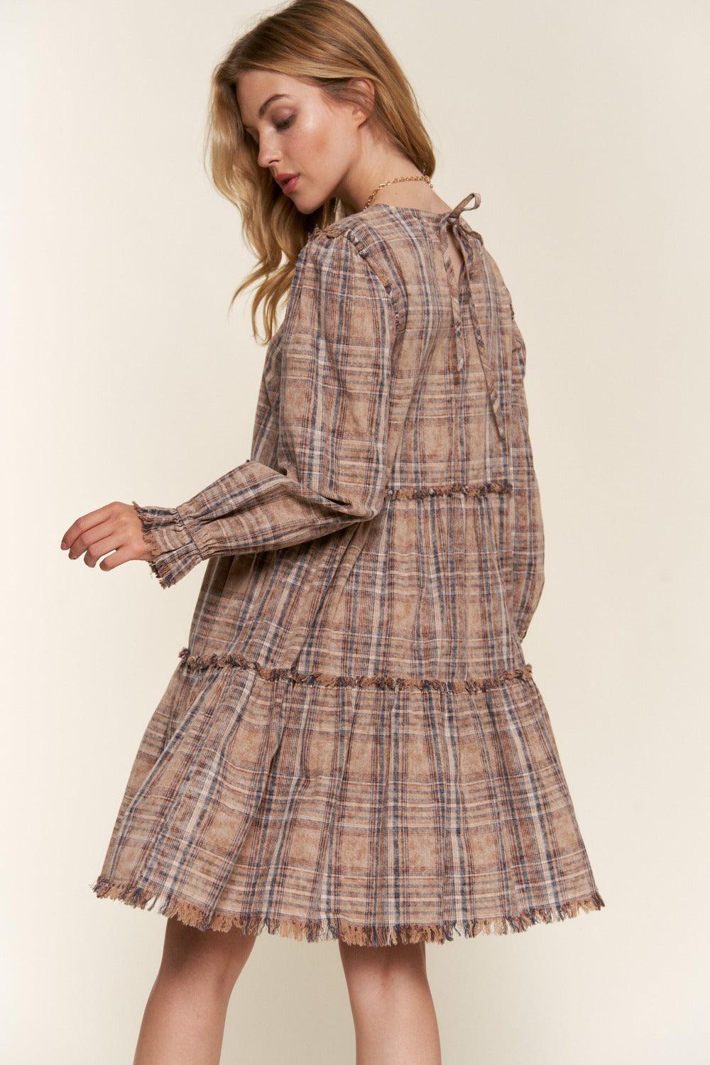 And The Why Full Size Washed Frayed Tiered Plaid Dress | Daverri Fashions