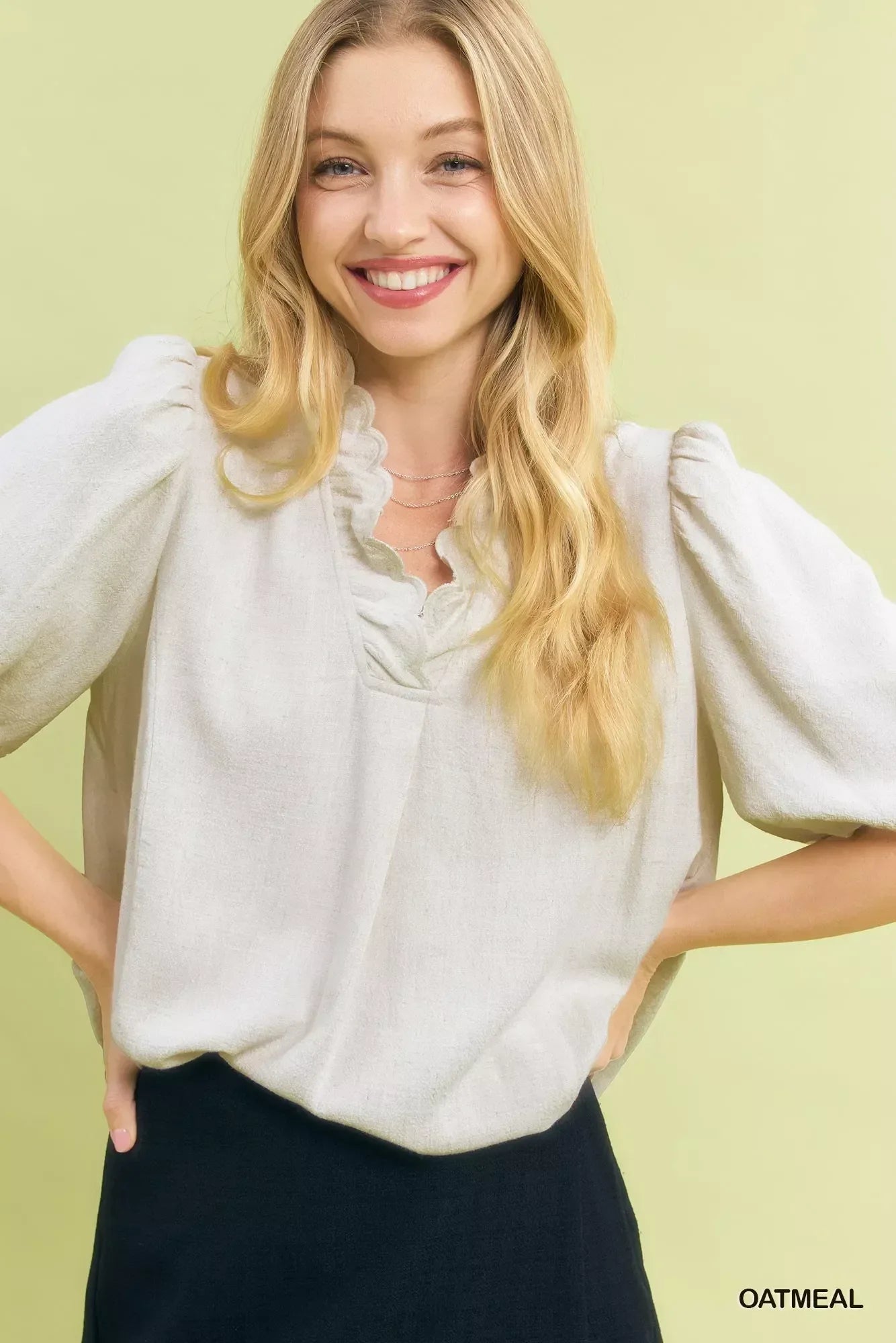 Umgee Linen Scallop Trim V-Neck Blouse - DAVERRI FASHIONS