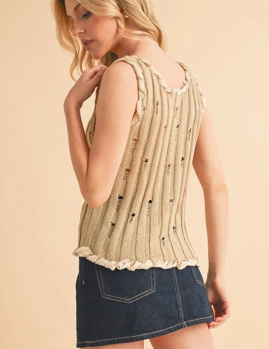 Aemi+Co Distressed Detail Round Neck Knit Tank | Daverri Fashions