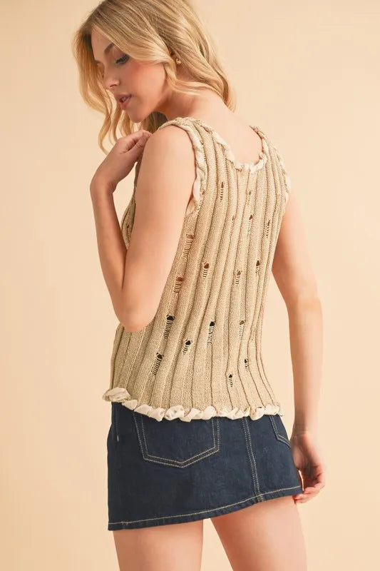 Aemi+Co Distressed Detail Round Neck Knit Tank | Daverri Fashions