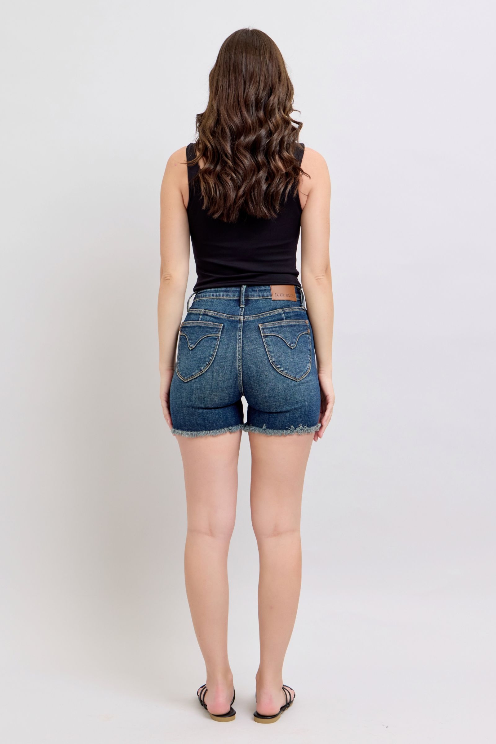 Judy Blue Tummy Control Fray Hem & Shield Back Pockets Denim Shorts