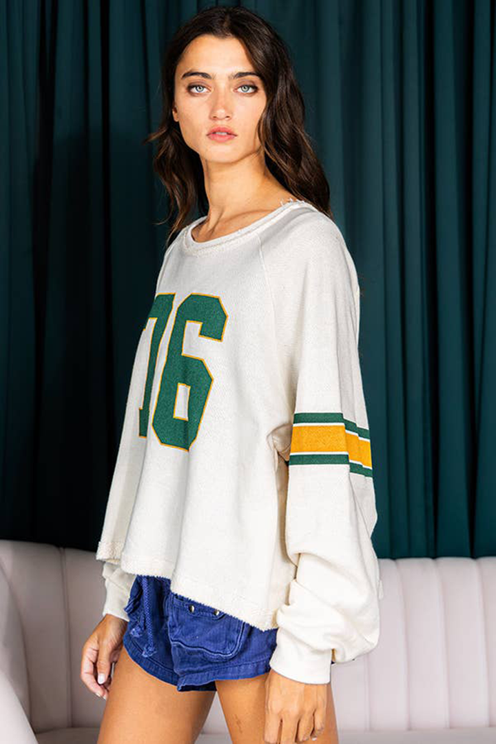 White Number 76 Printed Retro Sporty Long Sleeve Top | Tops/Long Sleeve Tops Daverri Fashions