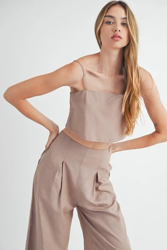 MABLE Linen Mix Crop Cami and Wide Leg Pants Set Outfit Sets