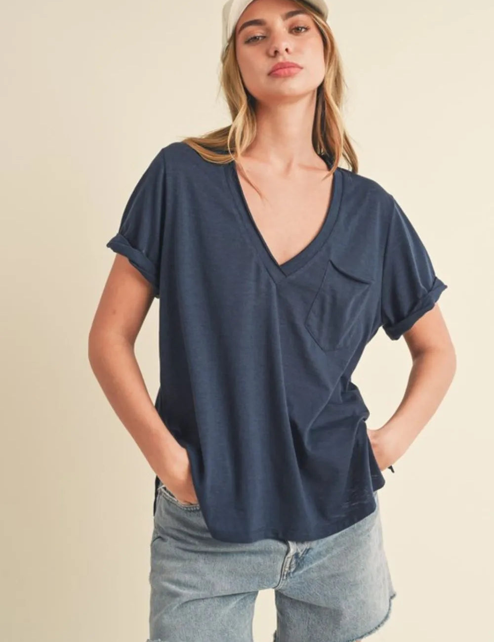 Dark Navy Aemi + Co Side Slit V-Neck Short Rolled Sleeve T-Shirt | Daverri Fashions