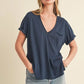 Aemi + Co Side Slit V-Neck Short Rolled Sleeve T-Shirt - DAVERRI FASHIONS