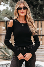 Black Amaya Ribbed Knit Cold Shoulder Sweater | Sweaters Daverri Fashions