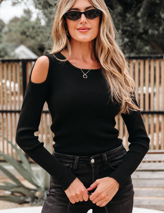 Black Amaya Ribbed Knit Cold Shoulder Sweater | Sweaters Daverri Fashions