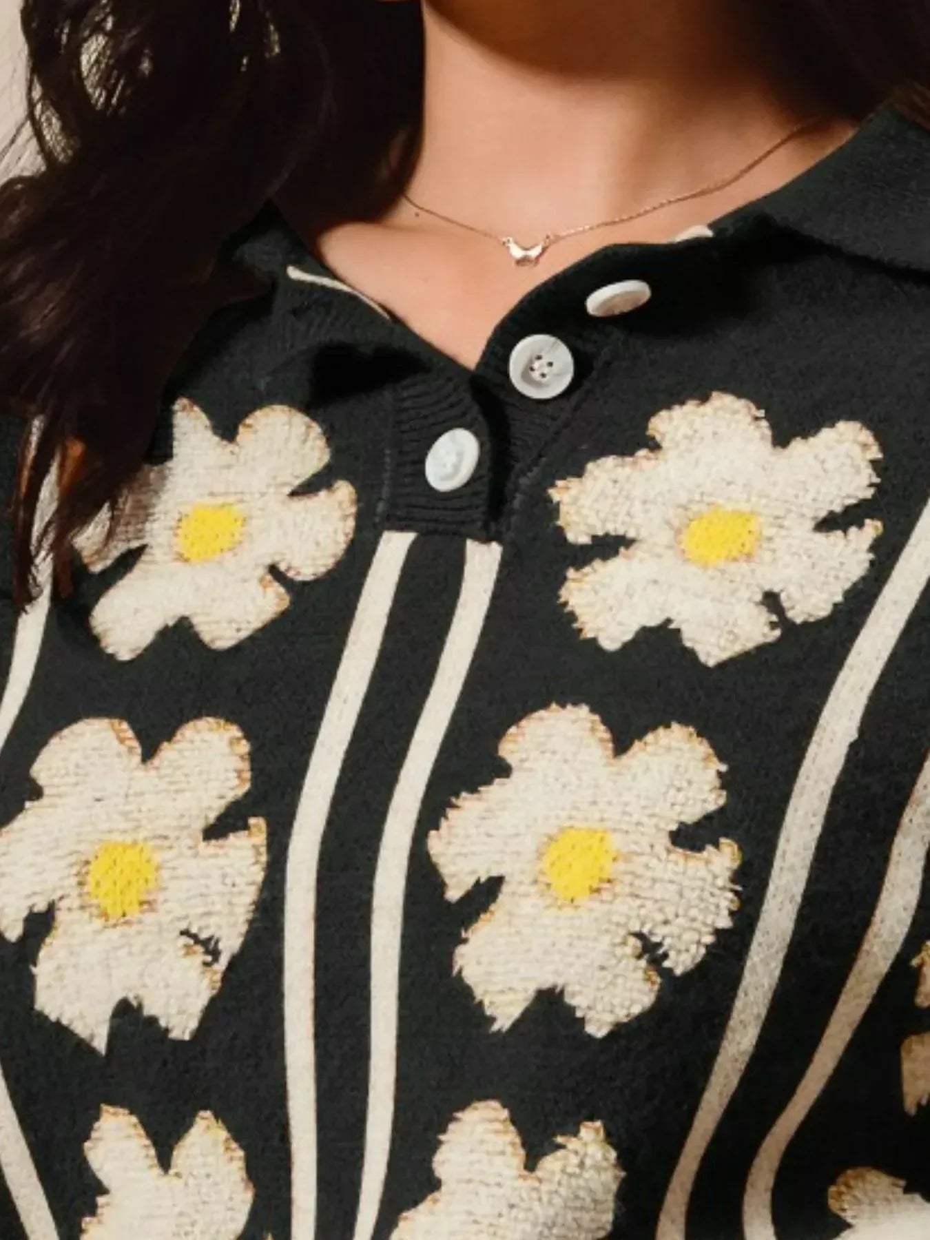 SO ME Floral Stripe Polo Collar Sweater - DAVERRI FASHIONS