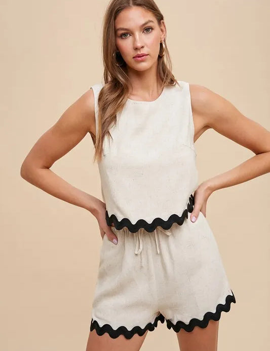 NATURAL Annie Wear Ric Rac Trim Detailed Top & Shorts Set | Outfit Sets Daverri Fashions