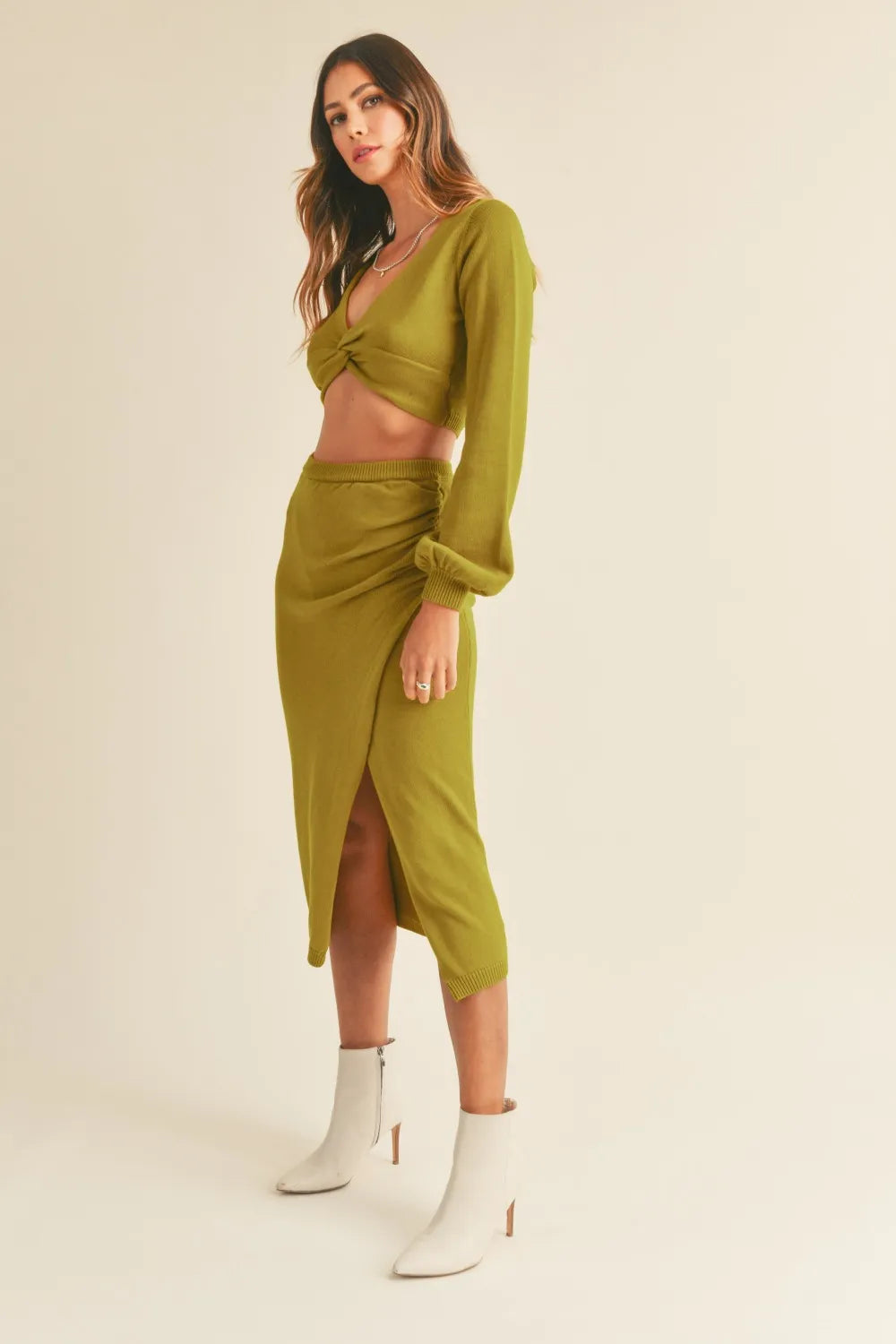 MABLE Front Twisted Knit Top and Midi Skirt Set Outfit Sets