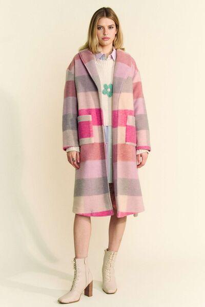 Davi & Dani Tied Color Block Collared Neck Coat Outerwear