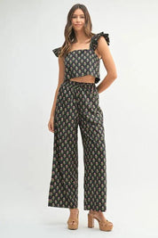 Black MABLE Floral Print Ruffle Top and Pants Set | Outfit Sets Daverri Fashions