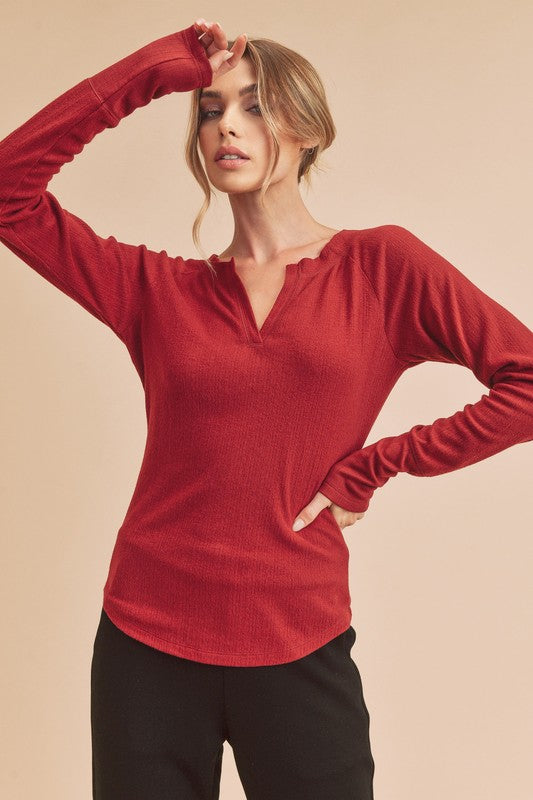 Aemi + Co Notched Raglan Sleeve Curved Hem T-Shirt Deep Red