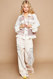 POL Eyelet Flower Pearl Detail Lace Patchwork Shirt