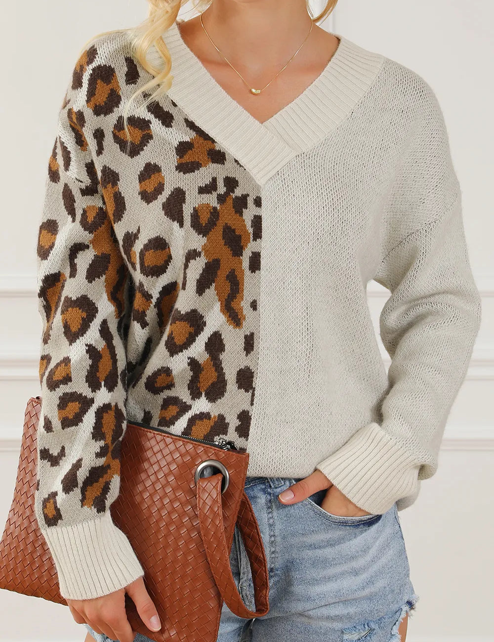 Leopard V Neck Drop Shoulder Sweater | Sweaters Daverri Fashions