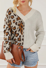 Leopard V Neck Drop Shoulder Sweater | Sweaters Daverri Fashions