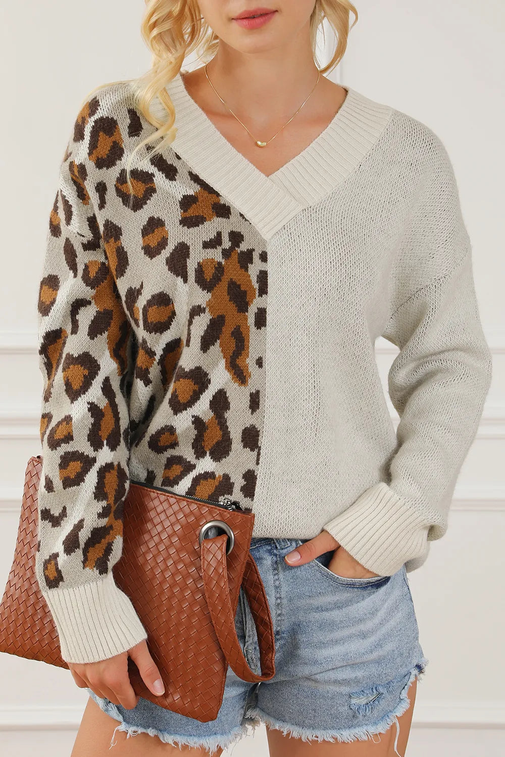 Leopard V Neck Drop Shoulder Sweater | Sweaters Daverri Fashions