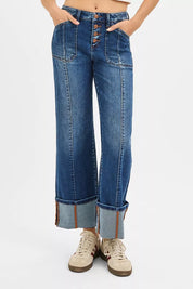 RISEN Full Size High Rise Crop Wide Straight Cuffed Jeans Plus Size | Jeans Daverri Fashions