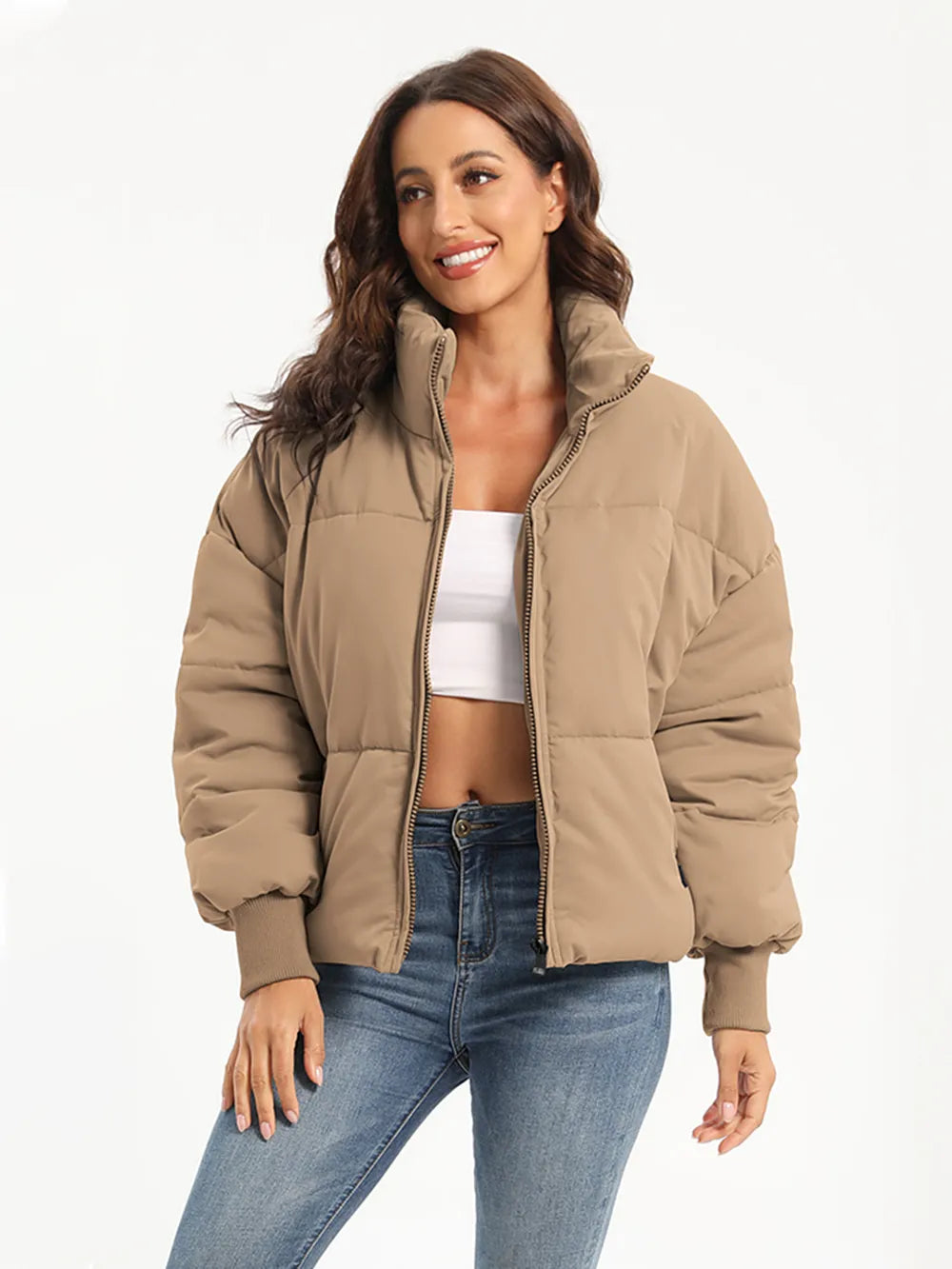 Beige zip-up turtleneck long sleeve puffer jacket with hood