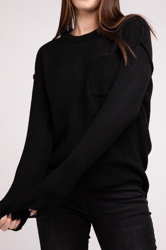 Zenana Hi-Low Hem Round Neck Sweater BLACK Sweaters