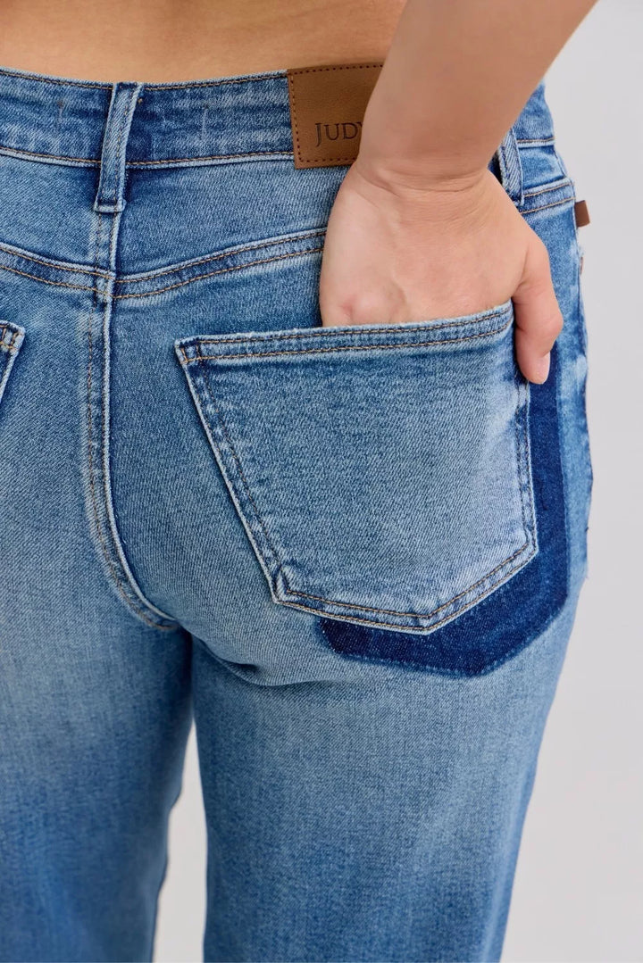 Judy Blue Full Size Mid Rise Bf Patch & Repair Destroy Release Hem Jeans Plus Size | Jeans Daverri Fashions