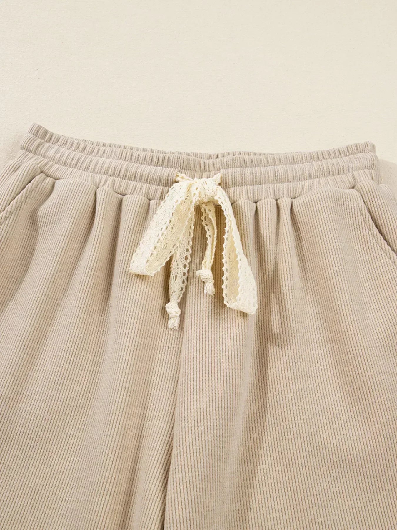 Lace Drawstring Hoodie and High Waist Pants Corduroy Set - DAVERRI FASHIONS