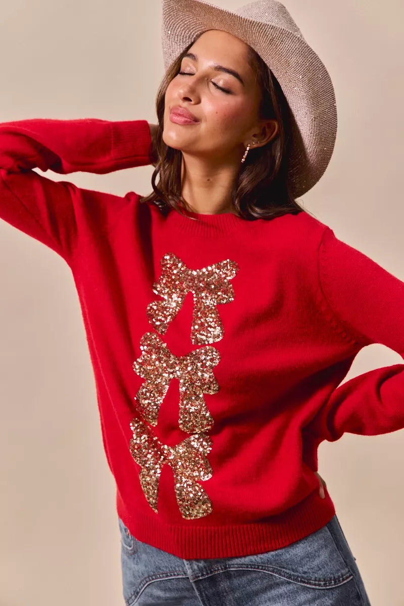 SO ME Sequins Bow Ribbon Embellished Christmas Sweater | Daverri Fashions