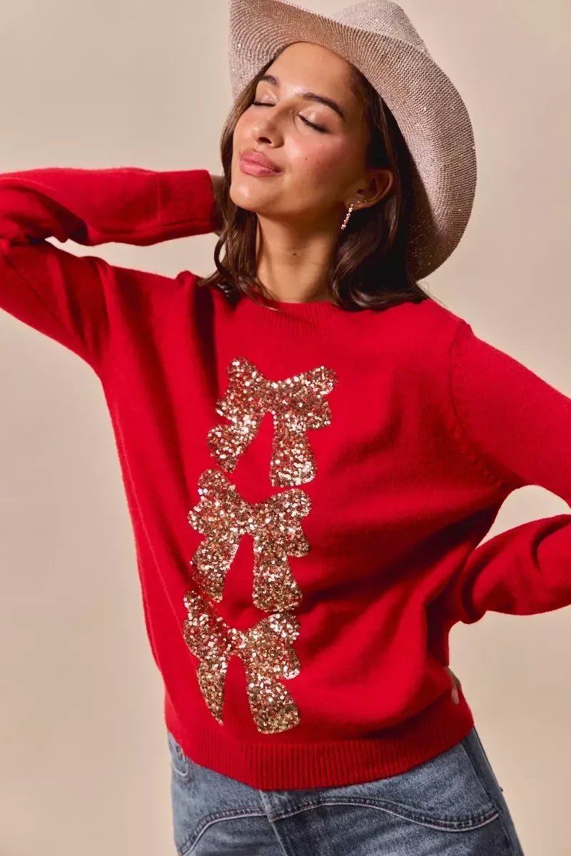 SO ME Sequins Bow Ribbon Embellished Christmas Sweater - DAVERRI FASHIONS