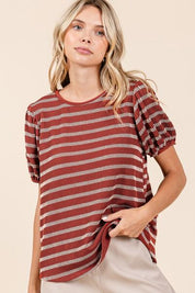 Mittoshop Contrast Striped Short Puff Sleeve Knit Top