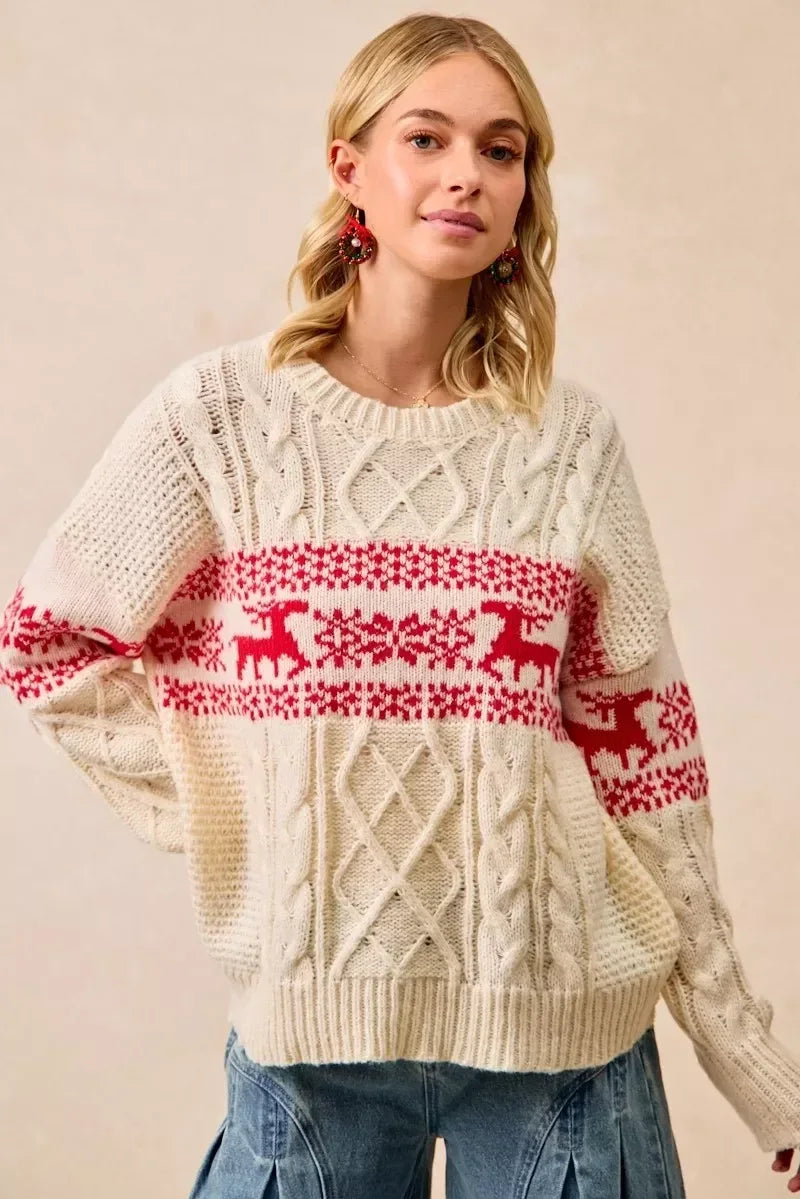 BiBi Christmas Theme Patterned Cable Knit Sweater - DAVERRI FASHIONS