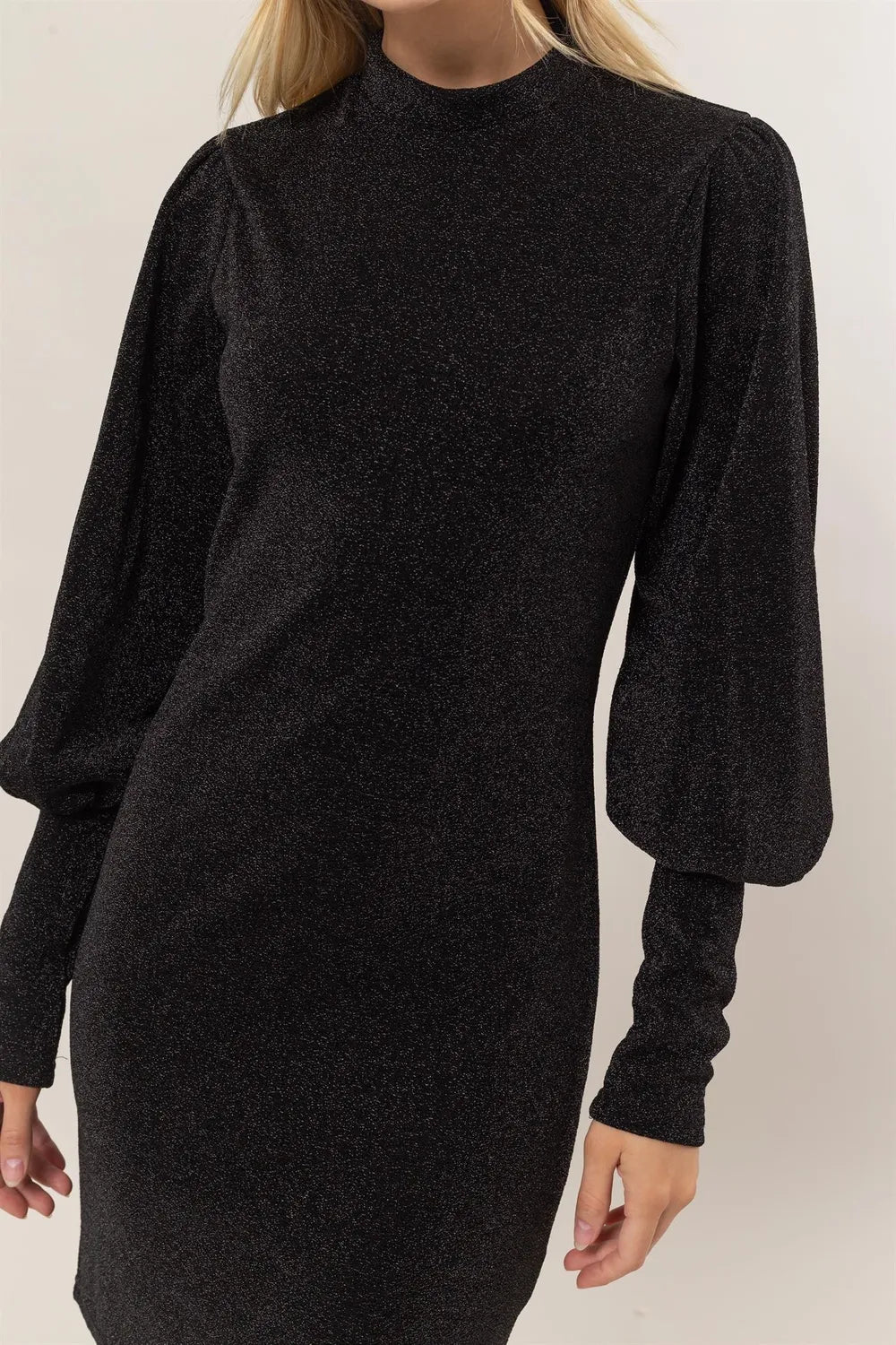 HYFVE Glitter Mock Neck Long Sleeve Mini Dress Mini Dresses
