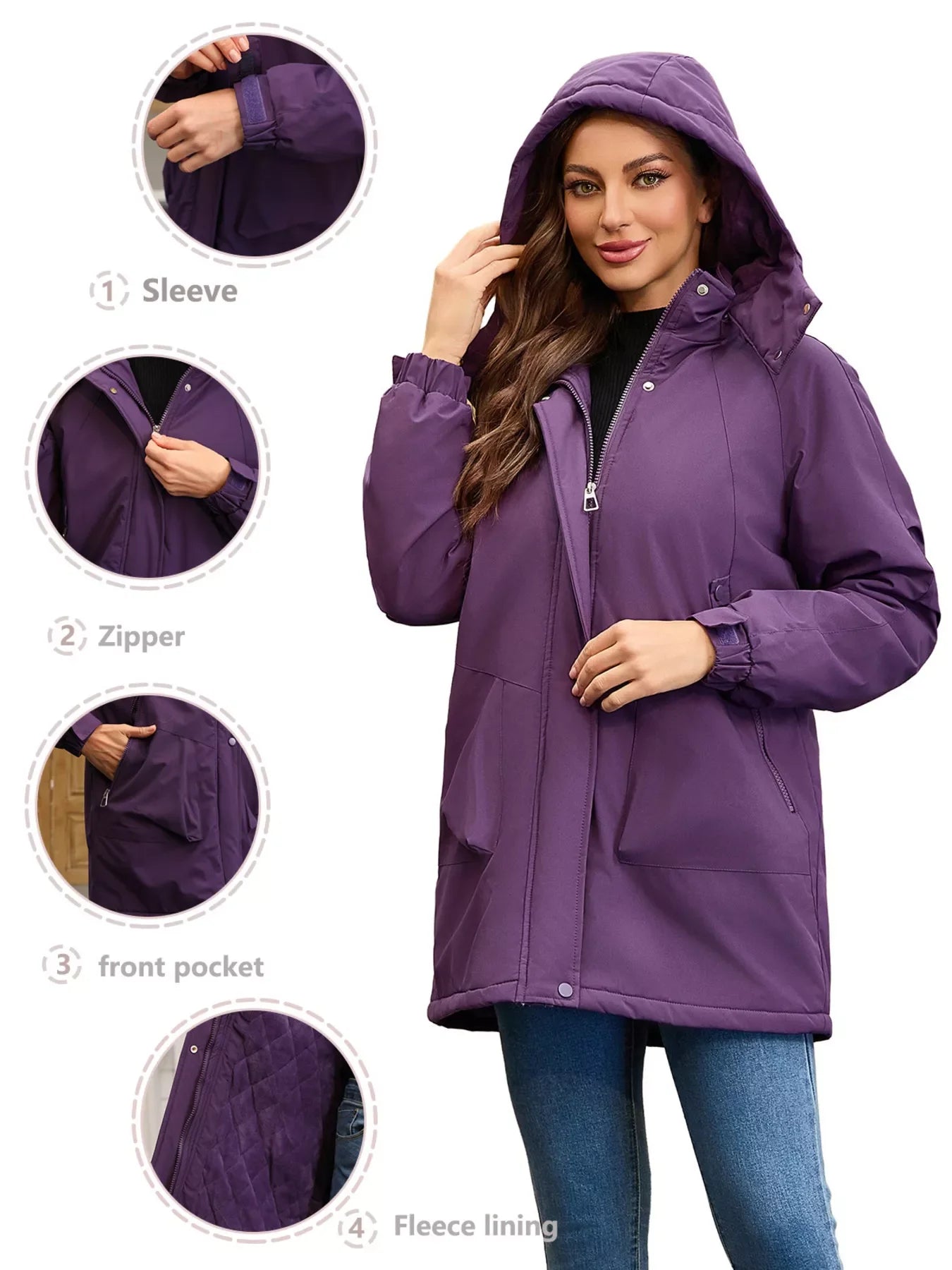 Purple insulated hooded parka from Daverri Fashions, fleece lined with zip pockets