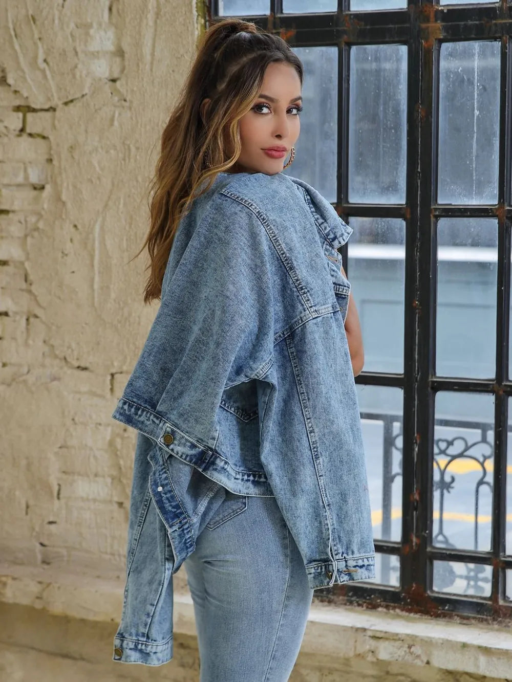 Button Down Drop Shoulder Denim Jacket | Denim Jackets Daverri Fashions