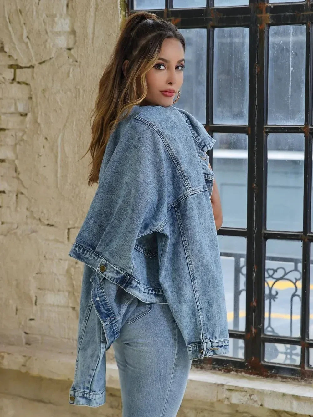 Button Down Drop Shoulder Denim Jacket - DAVERRI FASHIONS