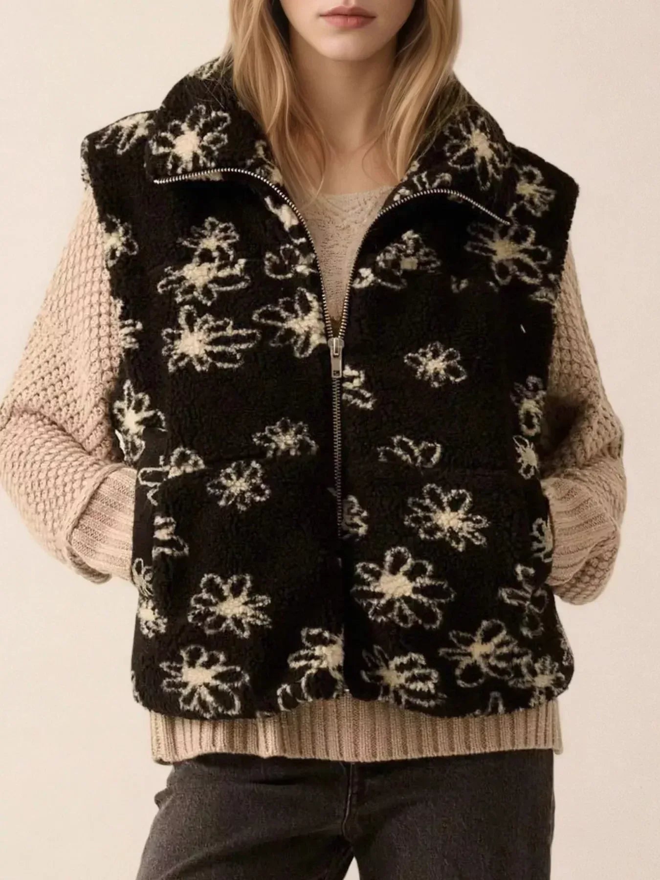 Zip Up Vest Coat with Pockets - DAVERRI FASHIONS