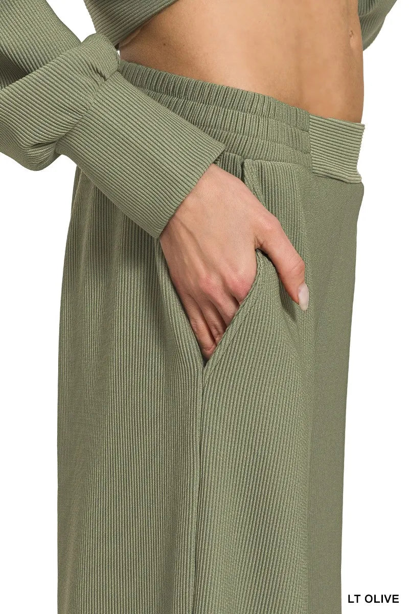 Zenana Ribbed High Neck Half Zip Pullover & Pants Set Outfit Sets