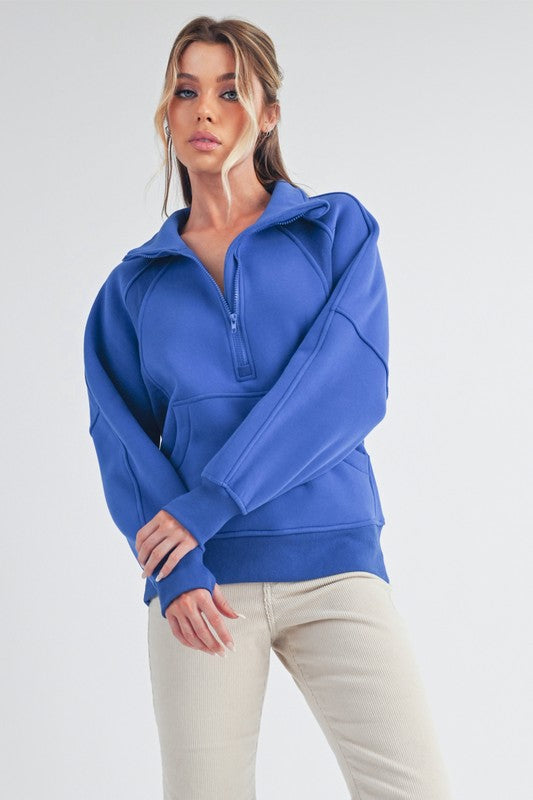 Aemi + Co Half Zip Raglan Sleeve Sweatshirt with Kangaroo Pocket Blue Sweatshirts