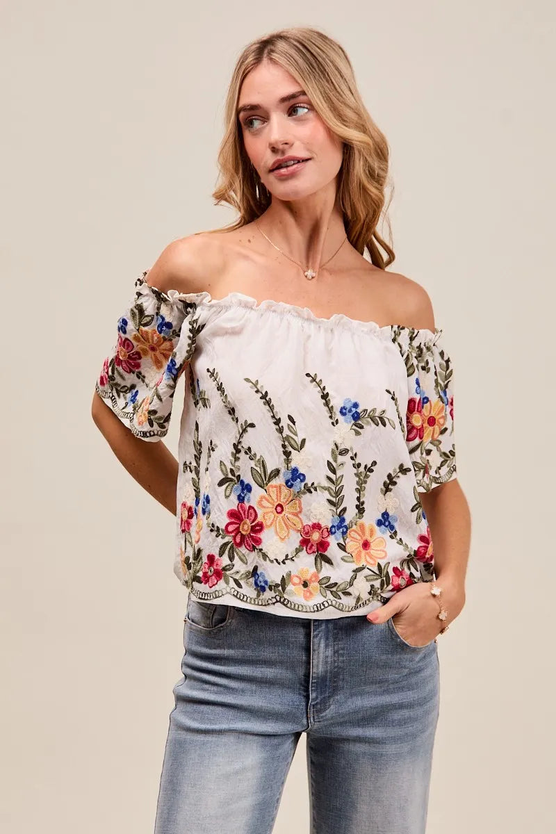 SO ME Floral Embroidered Two Way Off The Shoulder Blouse Blouses