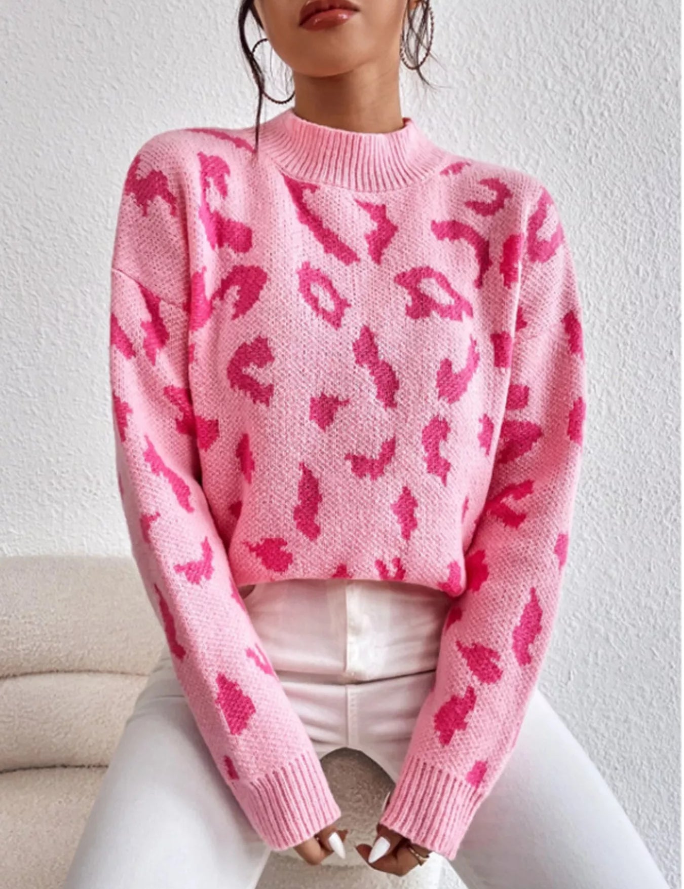 Pink Leopard Mock Neck Sweater with Ribbed Cuffs